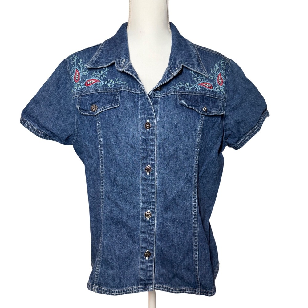 Studio Ease Western Embroidered Denim Shirt 14 Blue vintage Short Sleeve Top